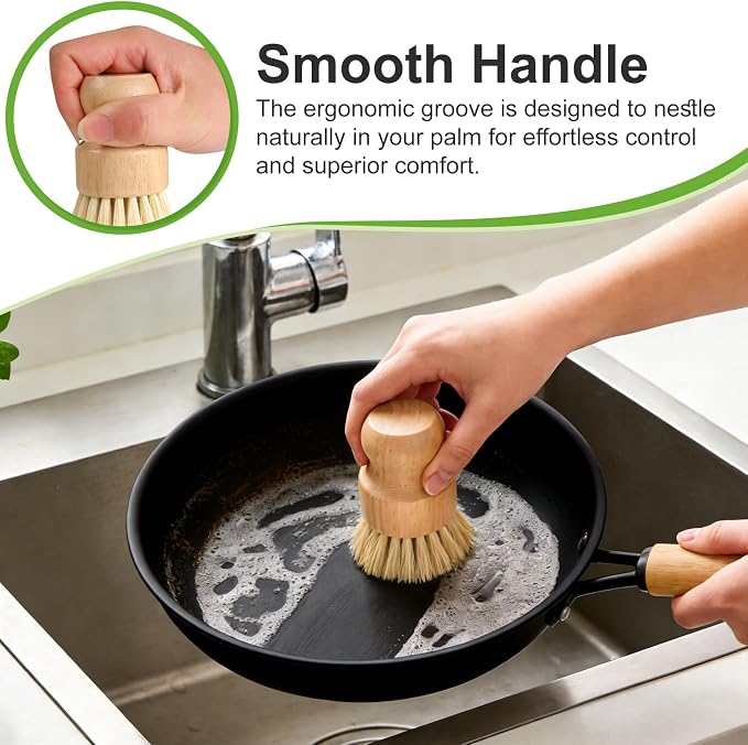 4 Pack Bamboo Dish Brush Set, Natural Kitchen Scrub Brush with Sisal Bristles, Wooden Dish Scrubber for Cleaning Dishes, Pots, Vegetables and Sink