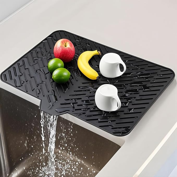 Silicone Dish Drying Mat 23x17,Food-Grade Silicone,Easy Clean Pad for Countertop Protection,Heat Resistant,Easy Clean,Non-Slip Drain Pad with Built-in Drain,Multi-Functional Use,Black