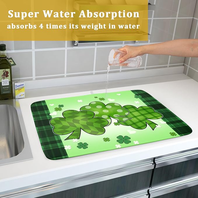 St Patricks Day Shamrocks Lucky Clovers Dish Drying Mat for Kitchen Counter St Patrick's Day Decorative Drying Pad 18x24 Inch Irish Green Buffalo Check Plaid Drying Dish Mats for Countertop Coffee Bar