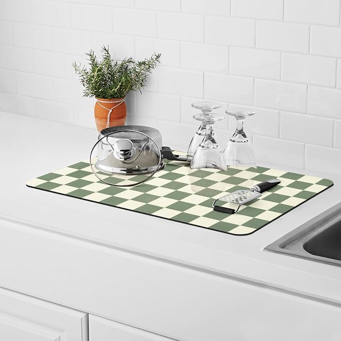 Dish Drying Mat for Kitchen Counter,11.8"x 18.9" Super Absorbent Kitchen Dish Drying Pad, Coffee Bar Mat with Rubber Backed, Coffee Bar Accessories for Countertop,Green Checkered