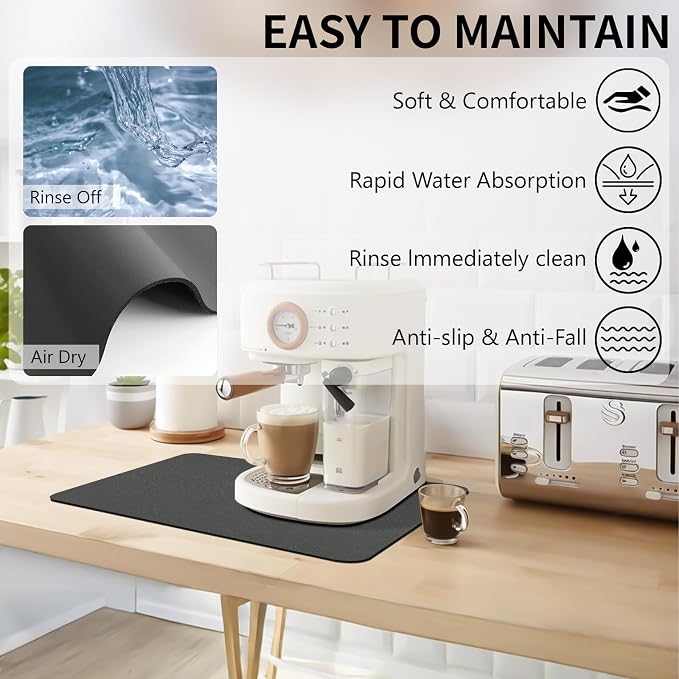 2PCS 12" x 19" Dish Drying Mat & 24" x 5.5" Faucet Mat for Kitchen Sink, Super Absorbent Kitchen Counter Mats & Sink Splash Guard, Easy to Clean Dark Gray Dish Rack Pad for Dishes Countertop