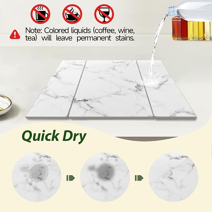 Large Stone Drying Mat for Kitchen Counter, 24"x16" Collapsible Quick Dry Dish Drying Mat, Water-Absorbent Marble Diatomaceous Earth Mats for Bottles Cups Dishes, Match Any Countertop