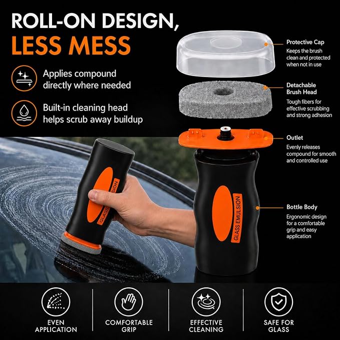 Windshield Oil Film Remover for Car, 2 Pack 100ml Each Roll-On Glass Cleaner Compound with Built-In Cleaning Pad, Helps Remove Road Film, Water Spots, Smudges & Haze, Exterior Auto Glass