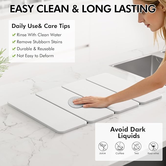 2-in-1 Stone Dish Drying Mat and Bamboo Dish Rack Combo, 24x16 Inch Super Absorbent Fast Dry Diatomaceous Earth Dish Drying Mat, Foldable Space Saver for Kitchen Counter Bathroom Apartment