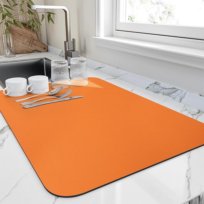HotLive Dish Drying Mat for Kitchen Counter, Heat Resistant Drainer Mats with Non-slip Rubber Backed, Hide Stain Kitchen Super Absorbent Draining Mat, Easy to Clean Dish Rack Pad, Orange 16"x18"