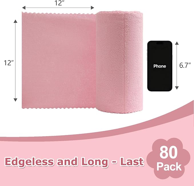 Jessy Home 80 Pack Reusable Paper Towels Pink Microfiber Cleaning Cloth Roll 12"x12" Microfiber Towels, Tear Away Cloth for Cars,Wash Cloths,Lint Free Rags for House,Kitchen,Window,Cleaning Supplies