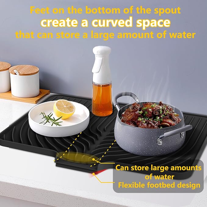 Dish Drying Mat for Kitchen Counter, 18"x12" Dish Drying Rack(black) | Various Sizes & Colors,Steep-Slope Built in Drain,High-fin Ventilation,Food-grade Silicone,500F heat resistant,for Flat sinks