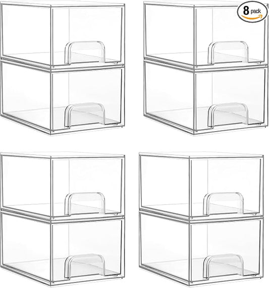 Vtopmart 8 Pack Small Clear Stackable Storage Drawers, Acrylic Bathroom Makeup Organizer, Plastic Storage Bins for Vanity, Undersink, Kitchen Cabinets, Pantry, Home Organization