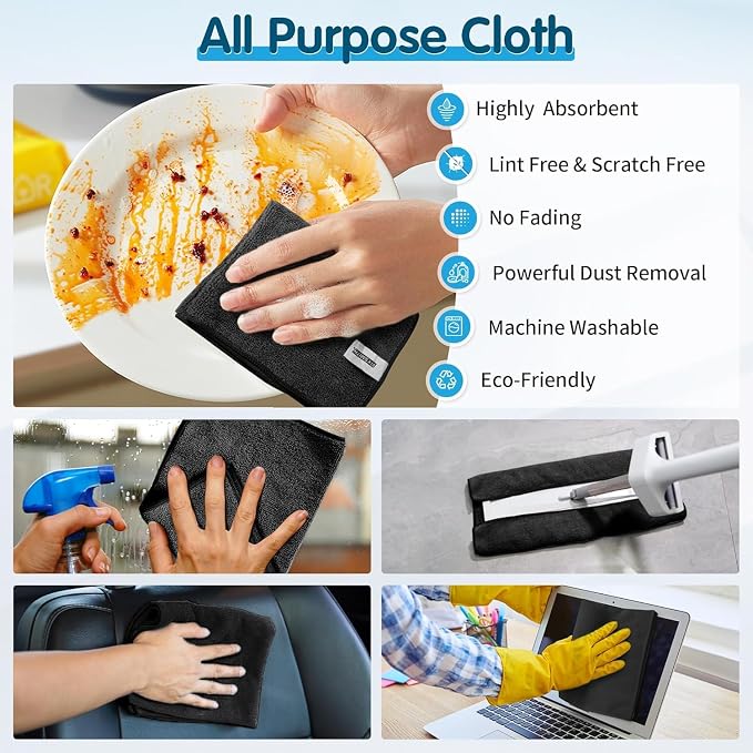 FIXSMITH Black Microfiber Cleaning Cloth -Pack of 24, Highly Absorbent Cleaning Rags, 16"X12" All Purpose Cleaning Towels for Housekeeping, Kitchen, Car, Lint Free and Reusable Microfiber Towels