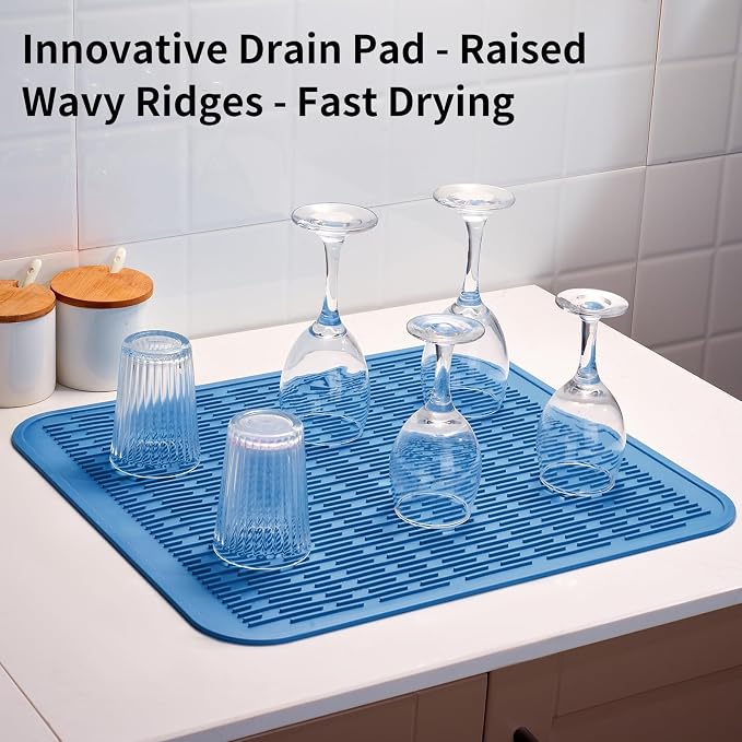 ZLR Heavy-Duty Silicone Dish Drying Mat (16" x 18" / 401 x 455mm) - XL Family-Size Thick 4mm Drainboard for Pots, Pans & Heavy Cookware - Oversized Trivet & Counter Protector, Non-Slip (Lichen Blue)
