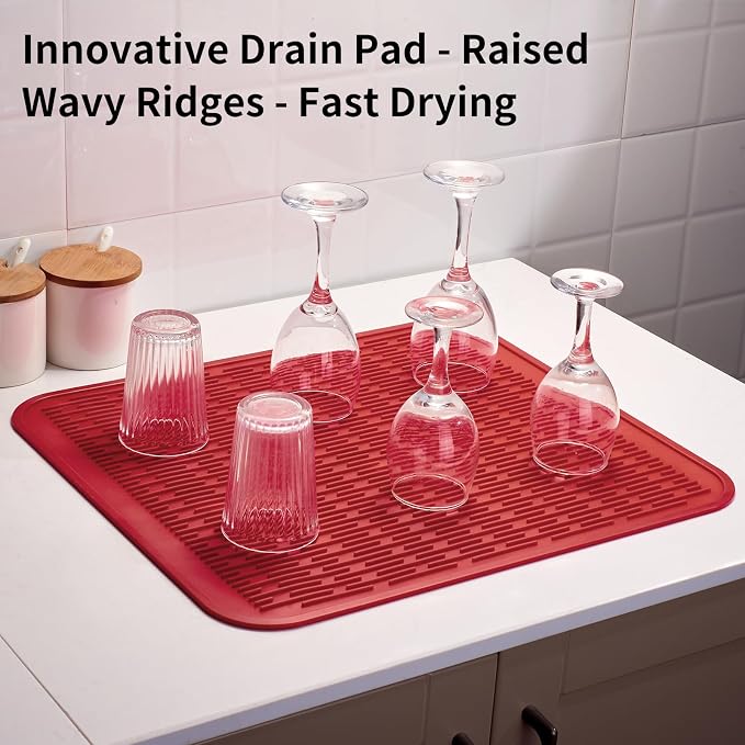 ZLR Heavy-Duty Silicone Dish Drying Mat (16" x 18" / 401 x 455mm) - XL Family-Size Thick 4mm Drainboard for Pots, Pans & Heavy Cookware - Oversized Trivet & Counter Protector, Non-Slip (Lava Red)