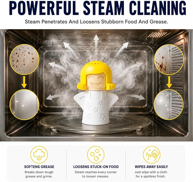 Microwave Steam Cleaner Tool, Fill with Vinegar & Water, Optional Lemon Drops, Heat 5-7 Minutes to Soften Grease & Residue, Non-Toxic Reusable Kitchen Cleaner for Microwaves (White)