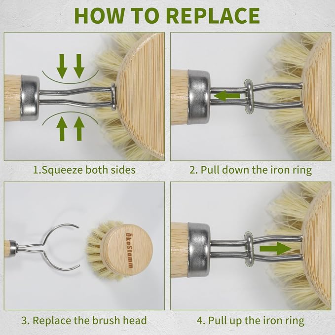 Bamboo Dish Brush with Long Handle - Natural Dish Scrubber Brush Set Includes 4 Replacement Brush Heads, Sisal Bristle Bamboo Brush for Dishes, Pans, Pot, Fruit and Veggie