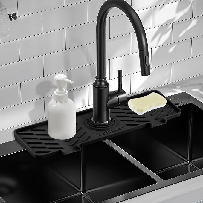Silicone Faucet Mat for Kitchen Sink – Gen 3 10° Slope Splash Guard with Cuttable Hole – 14” x 5.5” Drip Catcher & Sponge Holder for Kitchen, Bathroom (Black)