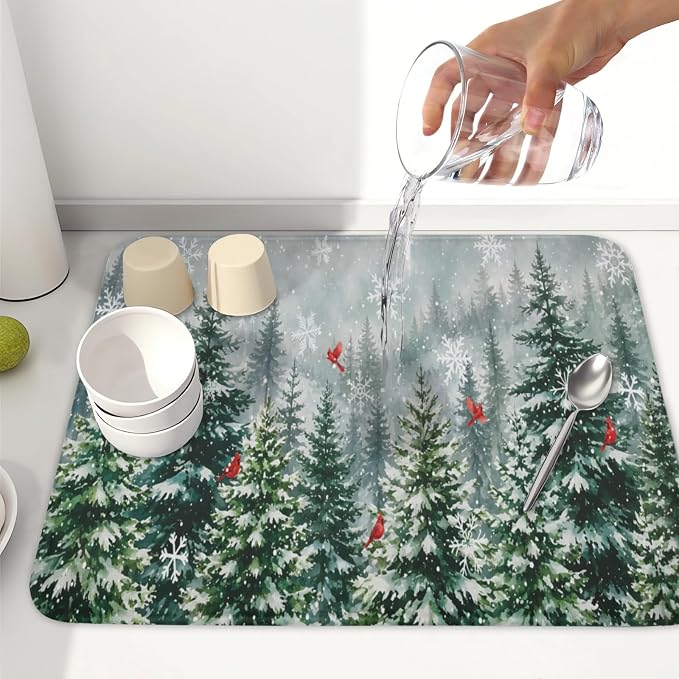 Winter Forest Snowflake Dish Drying Mat for Kitchen Counter 16"x18" | Christmas Green Pine Trees Birds Dish Drainer Mat Rustic Winter Holiday Absorbent Washable Drying Pad