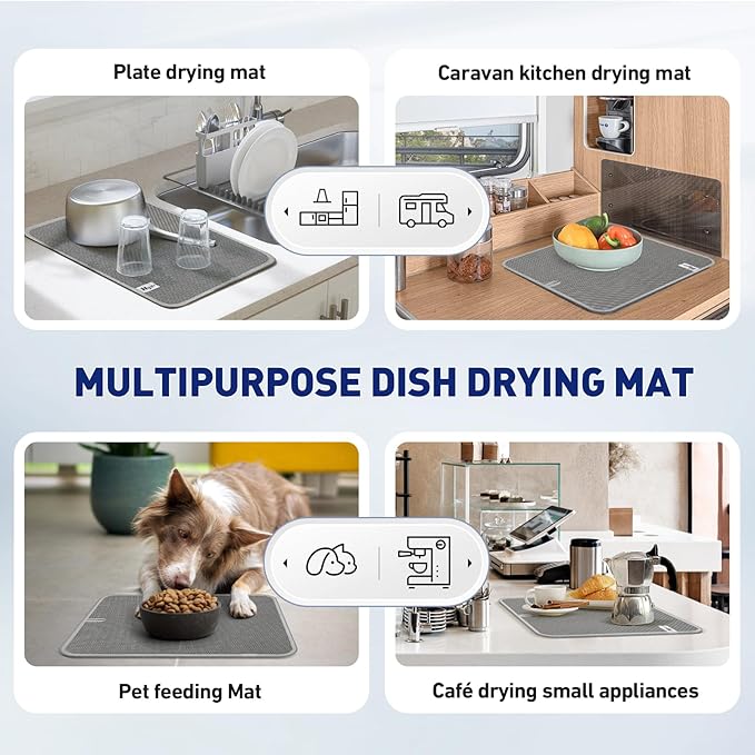 14.6*11.8 inch Microfiber Dish Drying Mat,2 Compact Ultra Absorbent Dish Mat Drying Kitchen Mat,Small Dish Drying Mats for Kitchen Counter,Draining Racks,Sinks (Gray)