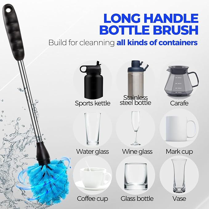 Holikme 6 Pack Brush Set, 14" Long Handle Stainless Steel Cleaner, 3 Straw Brushes, 4-in-1 Cleaning Brush for Water and Baby Bottles Straws, Aqua