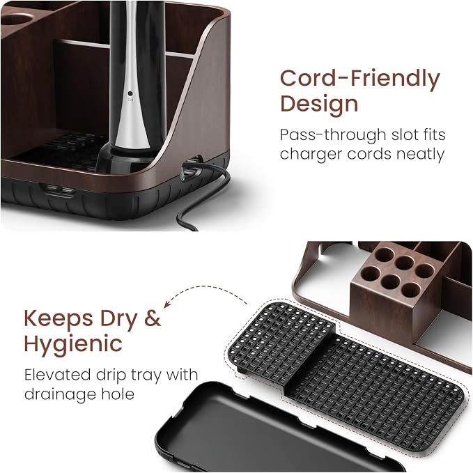 Boperzi Bathroom Counter Organizer for Vanity & Sink Storage: Detachable Electric Toothbrush and Toothpaste Holder, Water Flosser Holder, Bathroom Decor and Accessories Organization Set(Walnut Black)