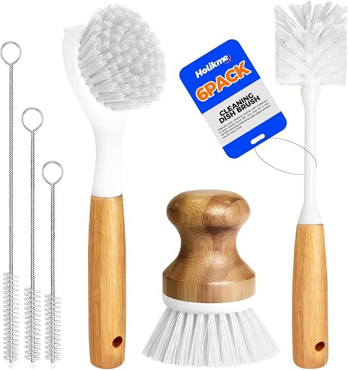 Holikme 6 Pack Dish Brush Scouring Pad Set with Bottle Brush, Dish Brush, Palm Scrub Brush and Straw Brush, Dish Scrubber Long Handle for Dish Bottle Cup Skillet Wok Pot Pan Cast Iron, White
