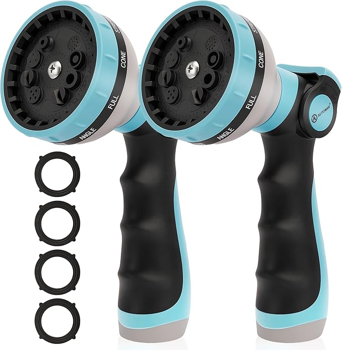 AUTOMAN Garden Hose Nozzle Sprayer - 10 Spray Patterns, 2 Pack Thumb Control Water Hose Nozzle Outdoor, Heavy Duty Spray Nozzles for Watering Garden, Cleaning Window, Washing Car, Showering Pets