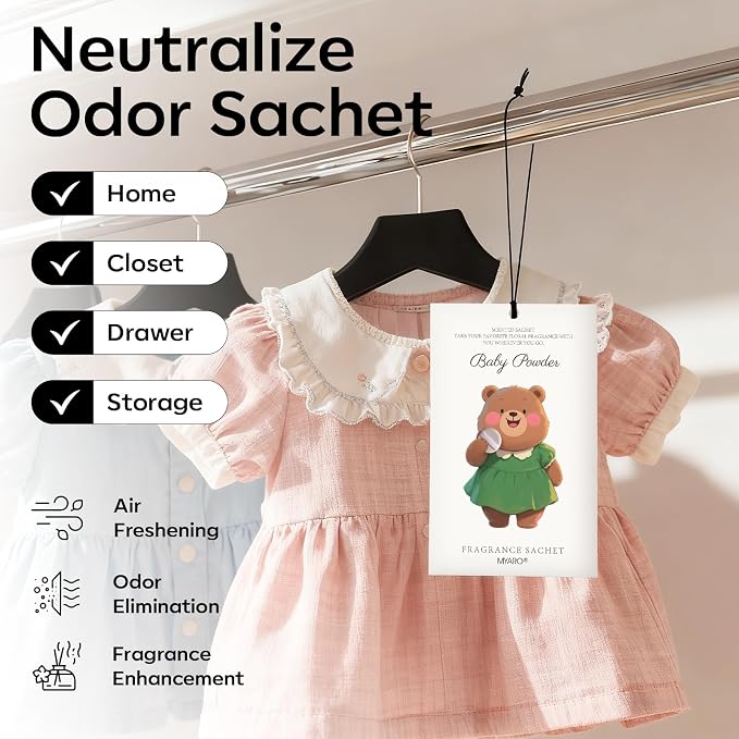 MYARO 12 Packs Baby Powder Scent Sachets Room Air Freshener for Closet Drawer Clothes Storage Small Space Odor Eliminator