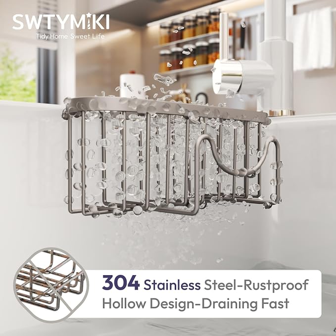 SWTYMIKI Sponge Holder for Kitchen Sink - Movable Kitchen Sink Caddy with M Hook Stainless Steel Hanging Sponges Caddy Organizer in Double Bowl Sinks Depth>3.15in, Middle Divider<1.5in, Sand Nickel L
