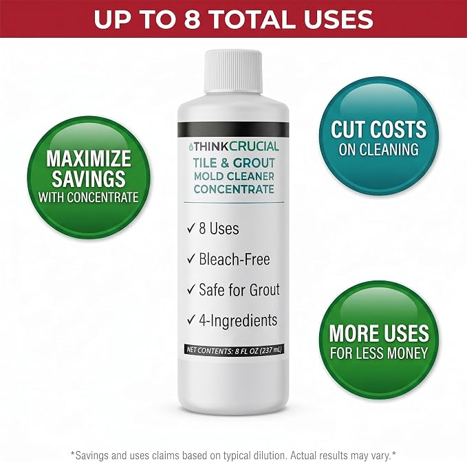 Think Crucial 8-Use Tile, Grout & Caulk Cleaner Concentrate, Bleach Free, Citric Acid, 8 fl oz