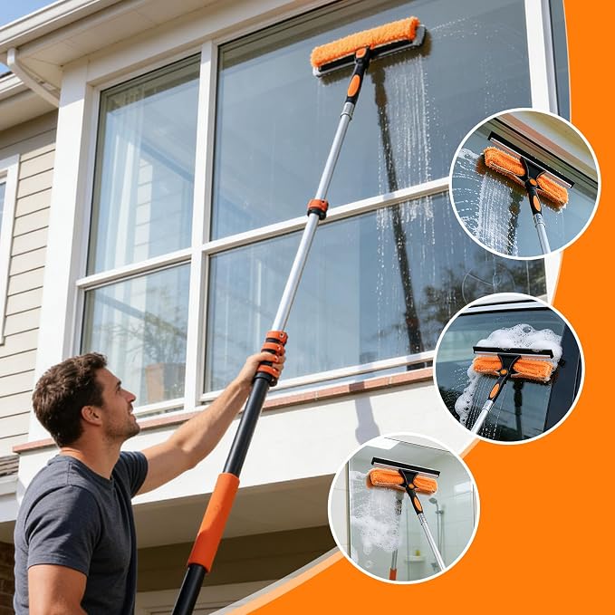 18FT Window Cleaning Kit, 2-in-1 Squeegee with 3-12FT Telescoping Pole & Flip-Lock & Screw Dual Locking, Professional Long Handle Washing Tool for High Windows
