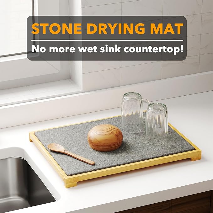 SpaceAid Stone Drying Mat for Kitchen Counter, Bamboo Rack Dish Pad, Instant Dry Diatomaceous Earth Mat Dishes, Stone Dish Fast Drying Mat Board (15.8 x 11.8 inch, Gray)