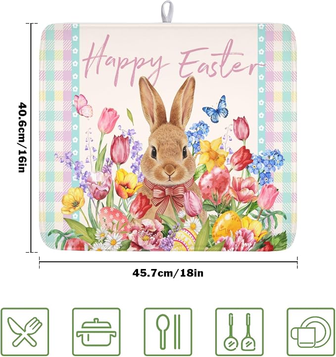 Easter Bunny Dish Drying Mat for Kitchen Counter Happy Easter Rabbit Floral Colorful Buffalo Plaid Microfiber Dish Drainer Mat Absorbent Washable Drying Pad 16"x18"