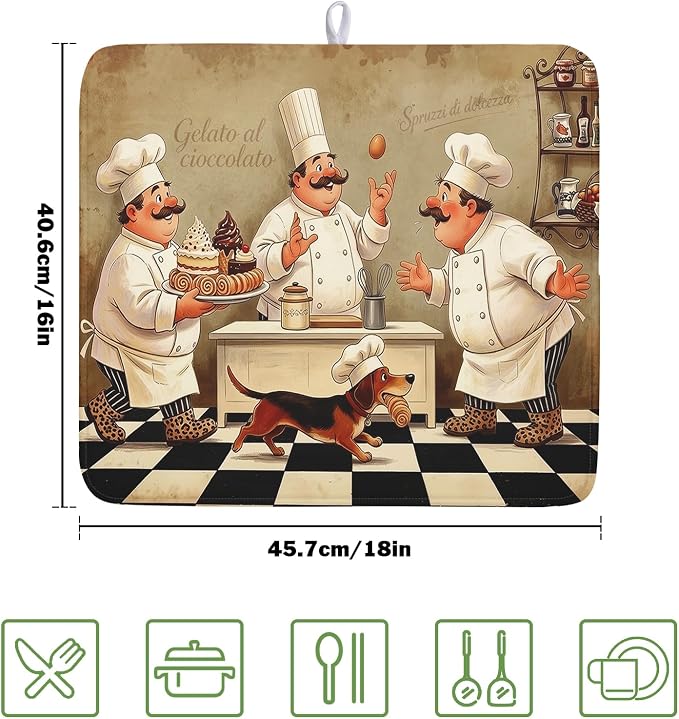 Fat Chef Dish Drying Mats for Kitchen Counter 16x18 Inch Buffalo Plaid Cooking Utensils Absorbent Dishes Drainer Mat Reversible Microfiber Quick Dry Rack Pad Chef Kitchen Drying Mat for Countertop