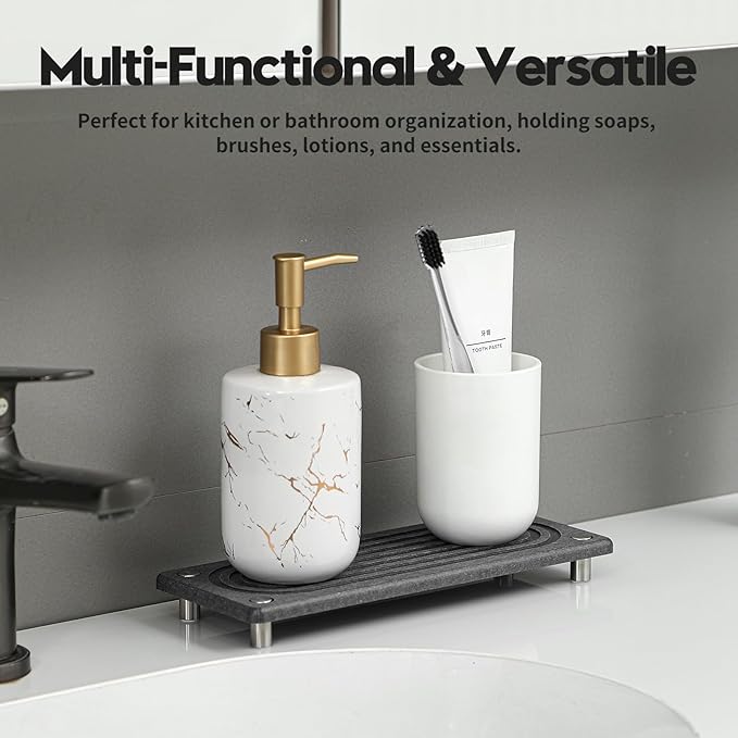 Razborci Water Absorbing Stone Sink Caddy Kitchen Sink Organizer Tray, Diatomite Bathroom Counter Tray, Faucet Drying Mat Coaster Soap Dish Rack Riser Dispenser Sponge Holder, Charcoal 10" x 4"