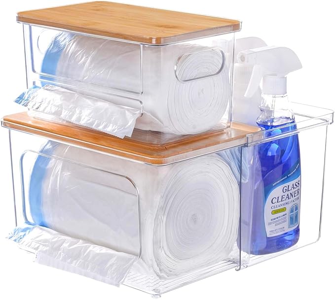 iCASA 3 in 1 Trash Bag Dispenser Holder Kitchen Under Sink Organizer | Garbage Bag Dispenser for 13/30/33 Gallon Bags, Clear Plastic Bins for Pantry, Laundry Room Organization and Storage