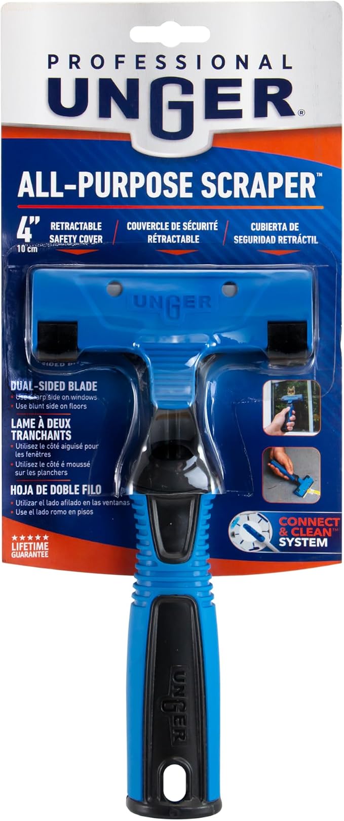 Unger Professional Connect and Clean 4" All-Purpose Scraper, Window, Glass, and Floor Scraping Tool Supplies, Adhesive Removal, Gum, Stickers, Paint Removal, Dual-Sided Blade