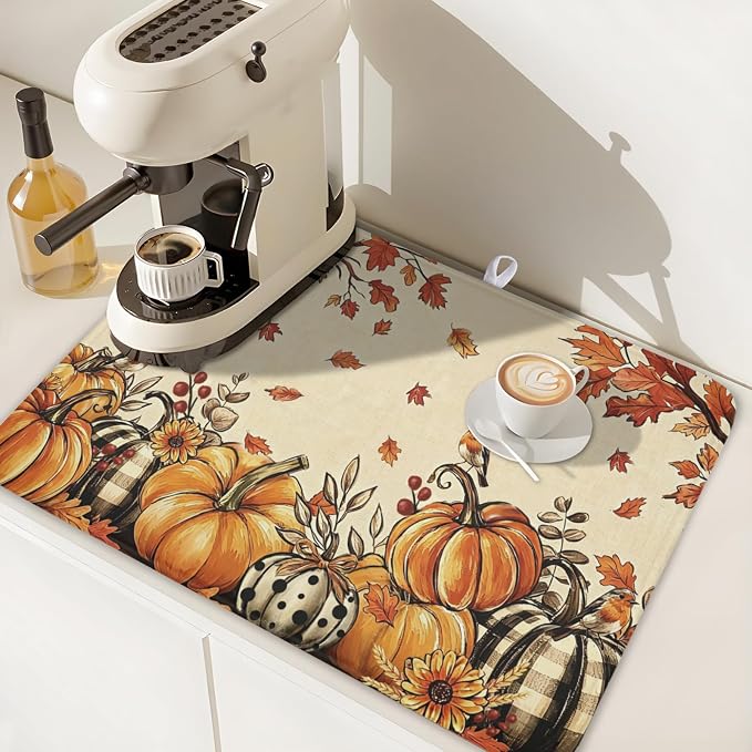 Fall Orange Pumpkin Dish Drying Mat for Kitchen Counter 18 x 24 Inch Autumn Maple Leaf Dish Drainer Mat Absorbent Microfiber Thanksgiving Harvest Dish Rack Pad for Coffee Dining Bar Decor
