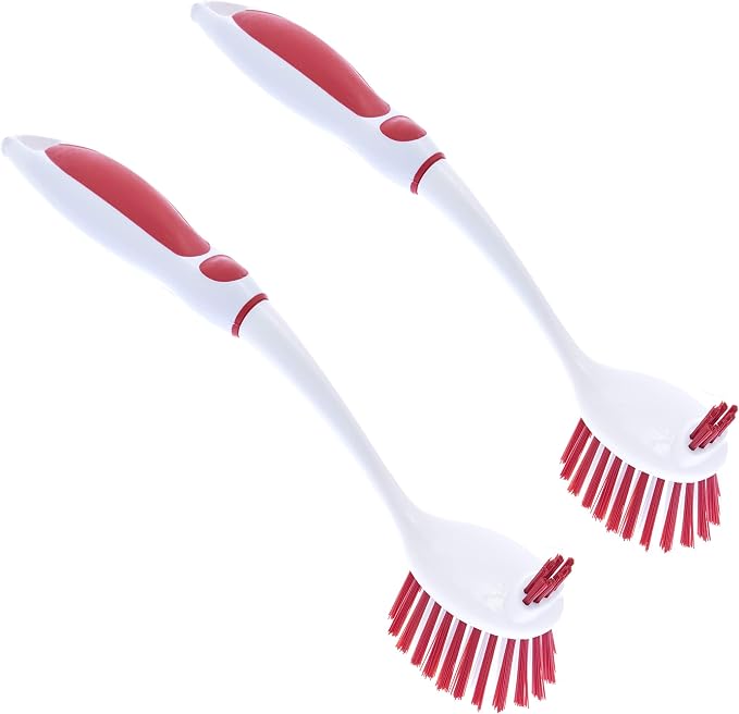 Superio Fruit and Vegetable Scrub Brush with Long Handle - Dish Cleaning Brush, Double Sided Scrubber, Non Scratch Kitchen Scrub Brush for Fruits/Potatoes/Veggies, Sinks, Bath (2, Red)