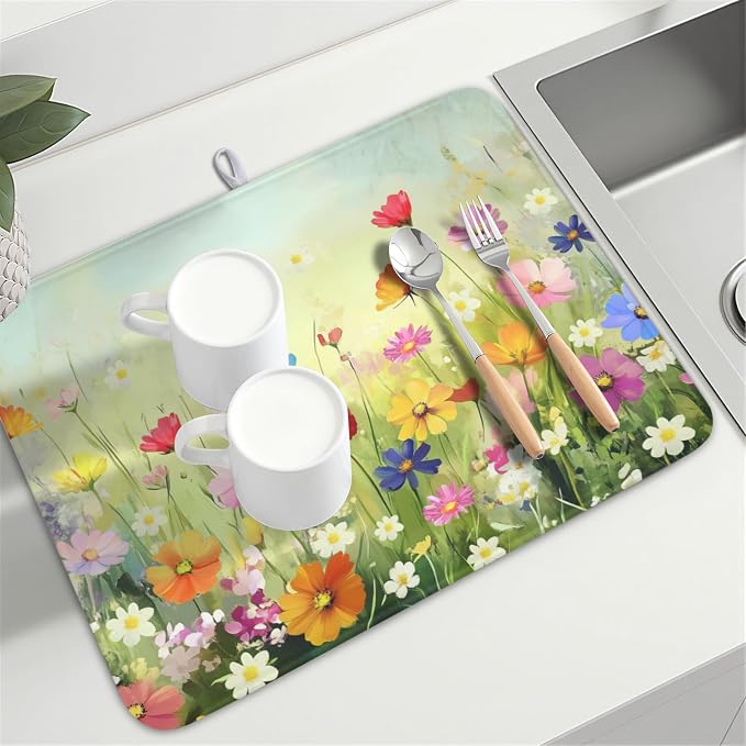 Spring Summer Daisy Dish Drying Mat 18 x 24 Inch Colourful Floral Pattern Dish Drainer Rack Mat Absorbent Microfiber Mats Holiday Dish Pad for Kitchen Coffee Dining Bar Decor