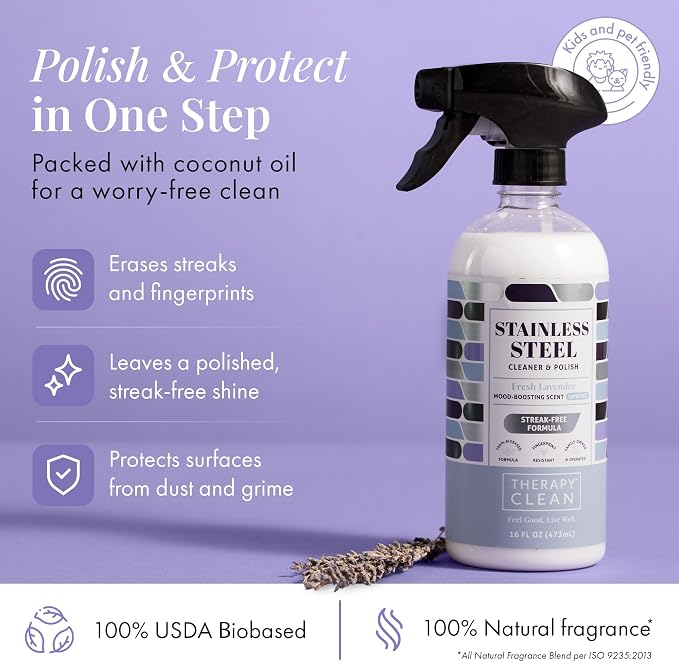 Therapy Stainless Steel Cleaner and Polish, Lavender Scent, Sink Cleaner | 100% USDA Biobased. Removes fingerprints & residue. Safe for sinks, grills & appliances. Lavender essential oil scent.