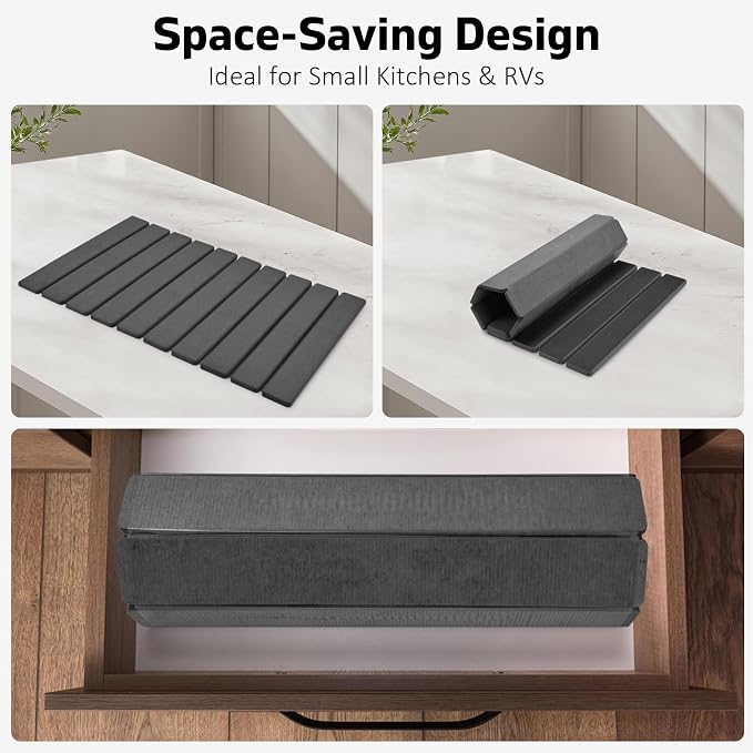 Large Stone Dish Drying Mat for Kitchen Counter, Quick Dry Dish Drying Mats, Foldable Absorbent Diatomaceous Earth Mats for Plate Rack Bottles Cups, Match Any Countertop (Dark Gray 24"×16" & 8"x4")