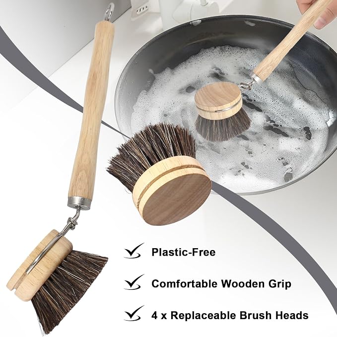 Wooden Dish Brush Set, 4 Natural Bristle Replacement Heads with 1 Sturdy Wooden Handle, Horsehair Kitchen Scrub Brush for Pots, Pans, Vegetables and Cookware