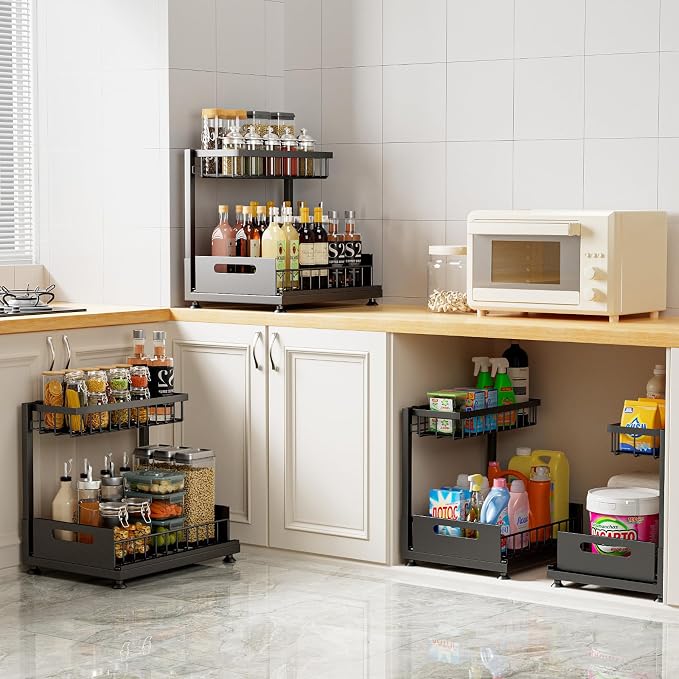 Saydear 2-Pack L-Shaped Under Sink Organizer, 2-Tier Pull-out Cabinet Rack | Black Height-Adjustable Steel Rack, Sliding Grid Drawers with PP Liners, Holds 100 Lbs, Suction Base, Ideal Kitchen Storage