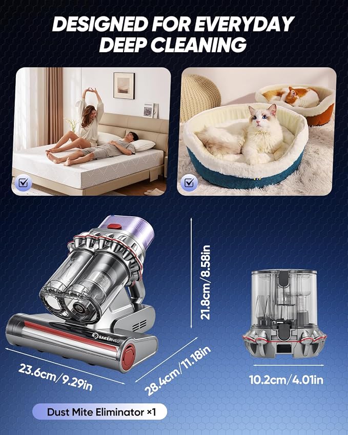 SAKERNEO Bed Vacuum Cleaner with Digital Display & 5-Cyclone Filtration | 14kPa Strong Suction, HEPA Filter, Handheld for Mattress, Carpet, Sofa & Pet Hair Removal