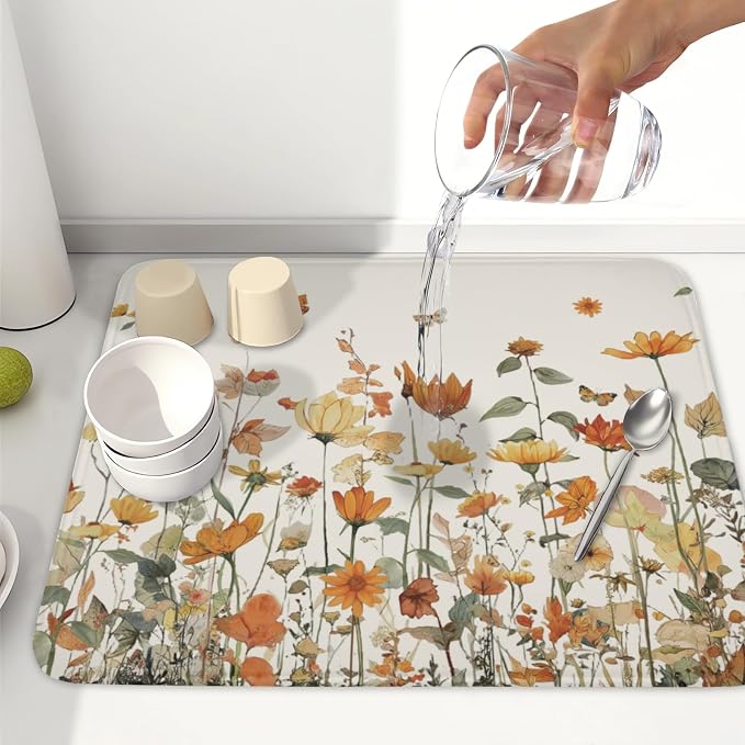 Fall Floral Dish Drying Mat for Kitchen Counter Orange Rustic Vintage Wildflower Pattern Microfiber Dish Drainer Mat Autumn Absorbent Washable Drying Pad Extra Large 16"x18"