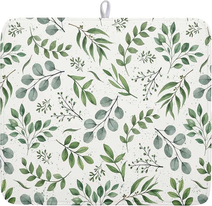 Kawani Sage Green Dish Drying Mat 16x18 In Absorbent Reversible Eucalyptus Leaves Plant Drying Mat Green Plant Dish Drying Rack Mat Spring Summer Themed Dish Drainer Mat for Kitchen Counter Coffee Bar