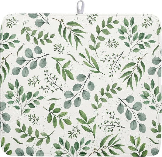 Kawani Sage Green Dish Drying Mat 16x18 In Absorbent Reversible Eucalyptus Leaves Plant Drying Mat Green Plant Dish Drying Rack Mat Spring Summer Themed Dish Drainer Mat for Kitchen Counter Coffee Bar