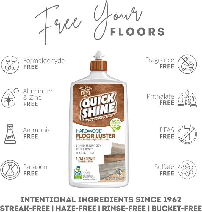 Quick Shine Hardwood Floor Luster 27 oz-2 Pk, Natural Looking Shine | Plant Derived Carnauba Polish, Renew & Protect, Streak & Haze Free, Non-slip, pH Neutral, No PFAS, EPA Safer Choice