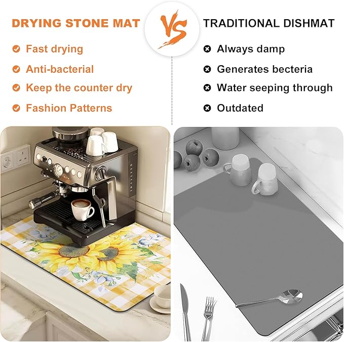 LOKHOM Dish Drying Mat for Kitchen Counter, 18"x24" Absorbent Coffee Bar Mat with Sunflowers, Vintage Floral Dish Drainer Rack Mat for Decoration