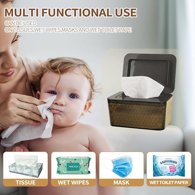 Wipes Dispenser, One-Handed Operation Wipe Holder for Baby & Adult, Seal-Designed Wipes Container for Bathroom Keep Diaper Wipes Fresh (Brown)