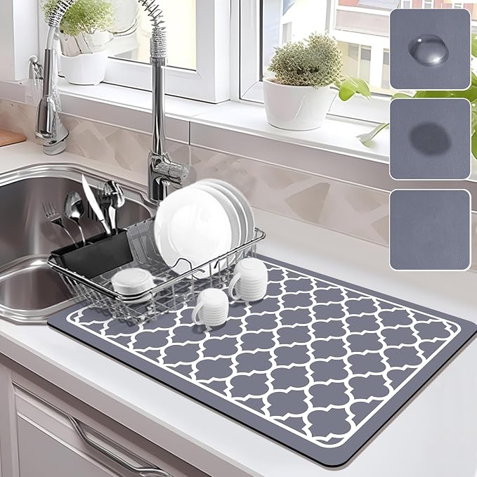 Drying Mat for Kitchen Countertops, Coffee Mat Hide Stain Rubber Backed Absorbent Dish Drying Mat