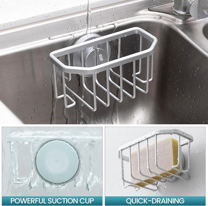 TAILI Sponge Holder for Kitchen Sink with Strong Suction Cup, Rustproof Aluminum Sink Caddy for Sponges, Brushes, Stoppers & Scrapers, Silver